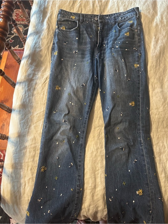 Pilcro Denim - Pilcro Dark Blue Embroidered Flare Jeans with White Paint Accents